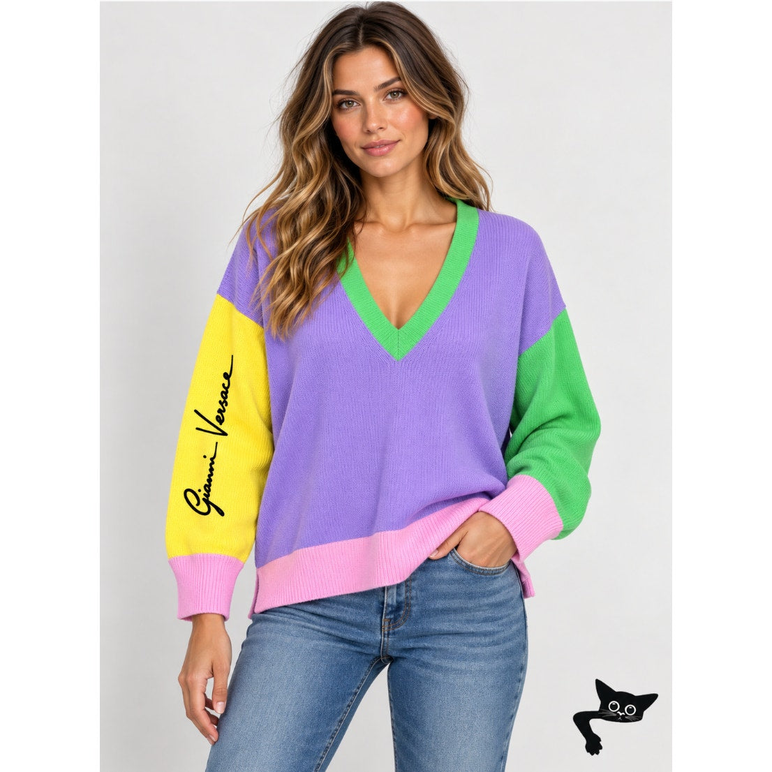 Versace Colorblock Cashmere V-Neck Sweater Purple/Green Women’s S IT38