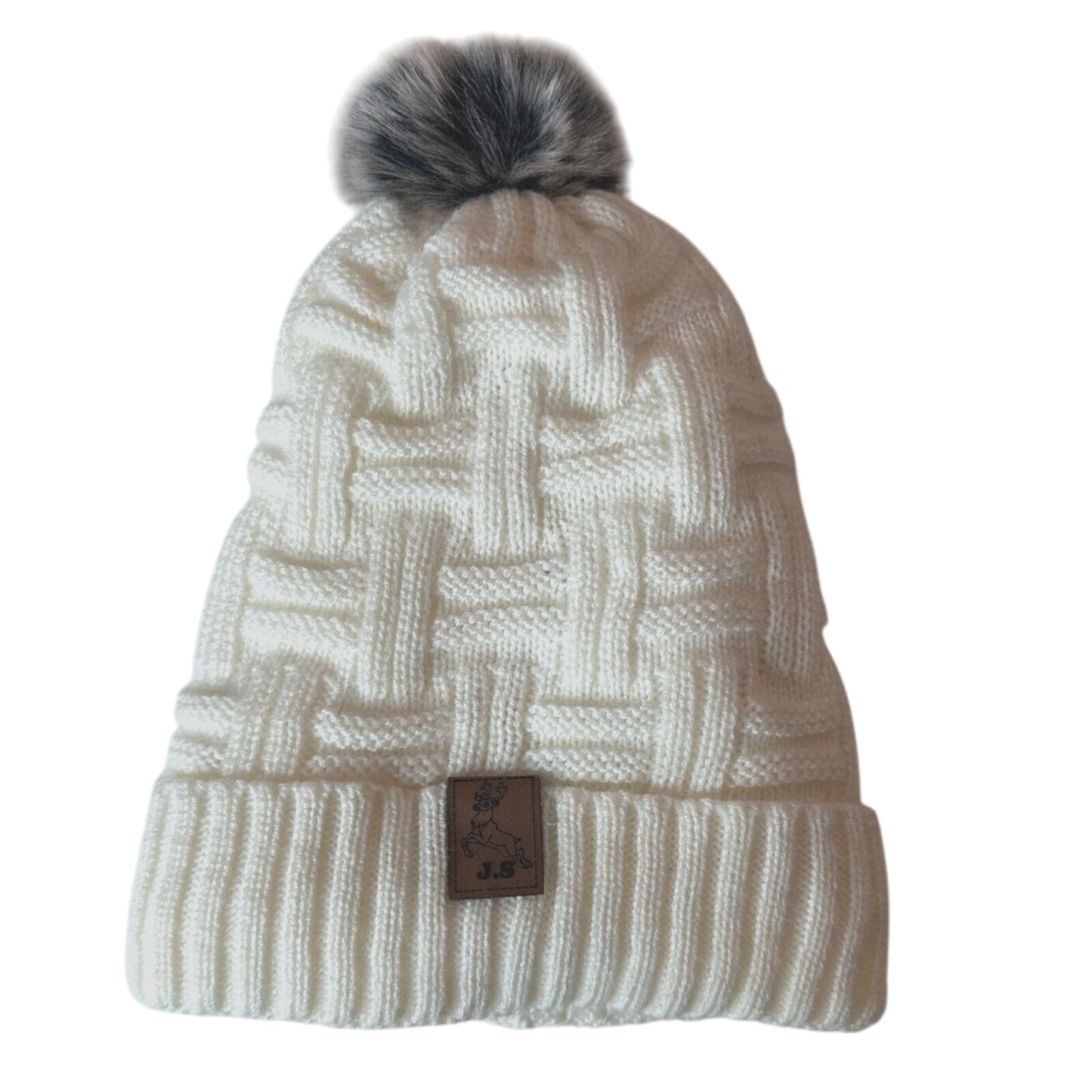 J.S Elk Deer Brown Patch Basket Weave Cream Beanie Gray Pom Pom Sherpa Lining OS