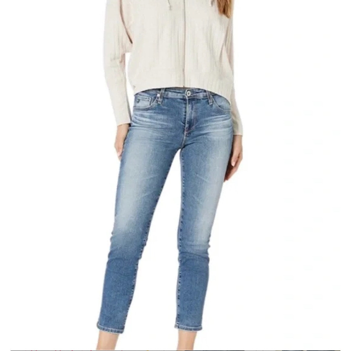 AG Medium Wash Whiskered Raw Hem Stilt Crop Cigarette Crop Jean 29