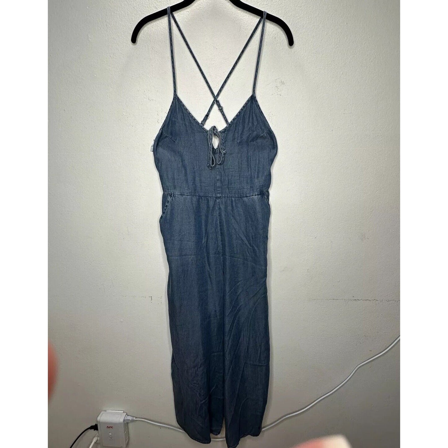Lovestitch Medium Wash Blue Wide Leg Spaghetti Strap V-Neck Front Tie Jumpsuit S
