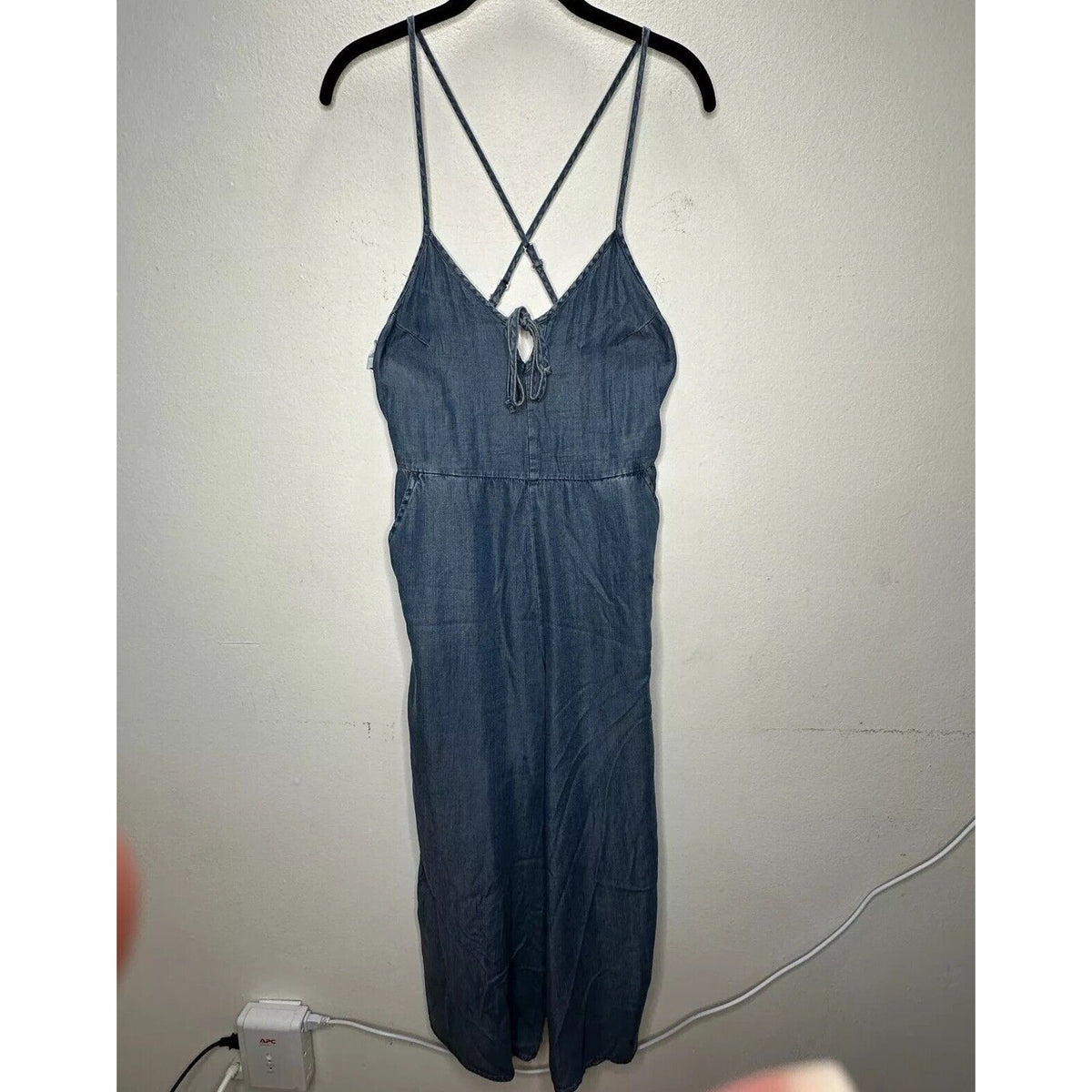 Lovestitch Medium Wash Blue Wide Leg Spaghetti Strap V-Neck Front Tie Jumpsuit S