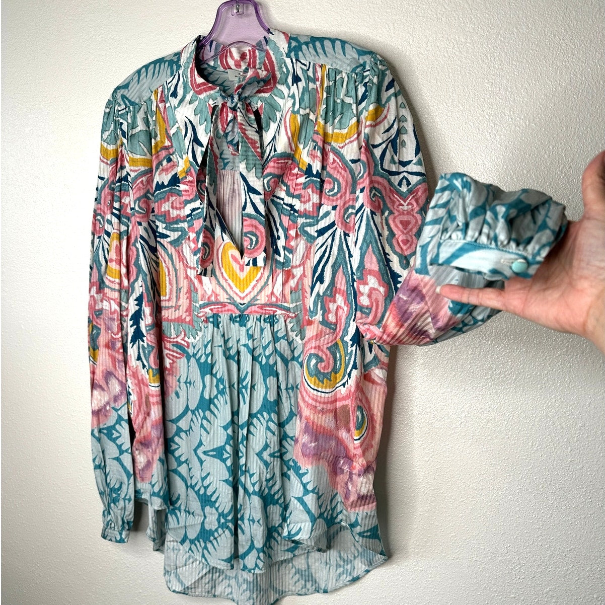 NWT Etro Teal Multicolor Paisley Georgette Long Sleeve Tie Neck Blouse 48 / XL