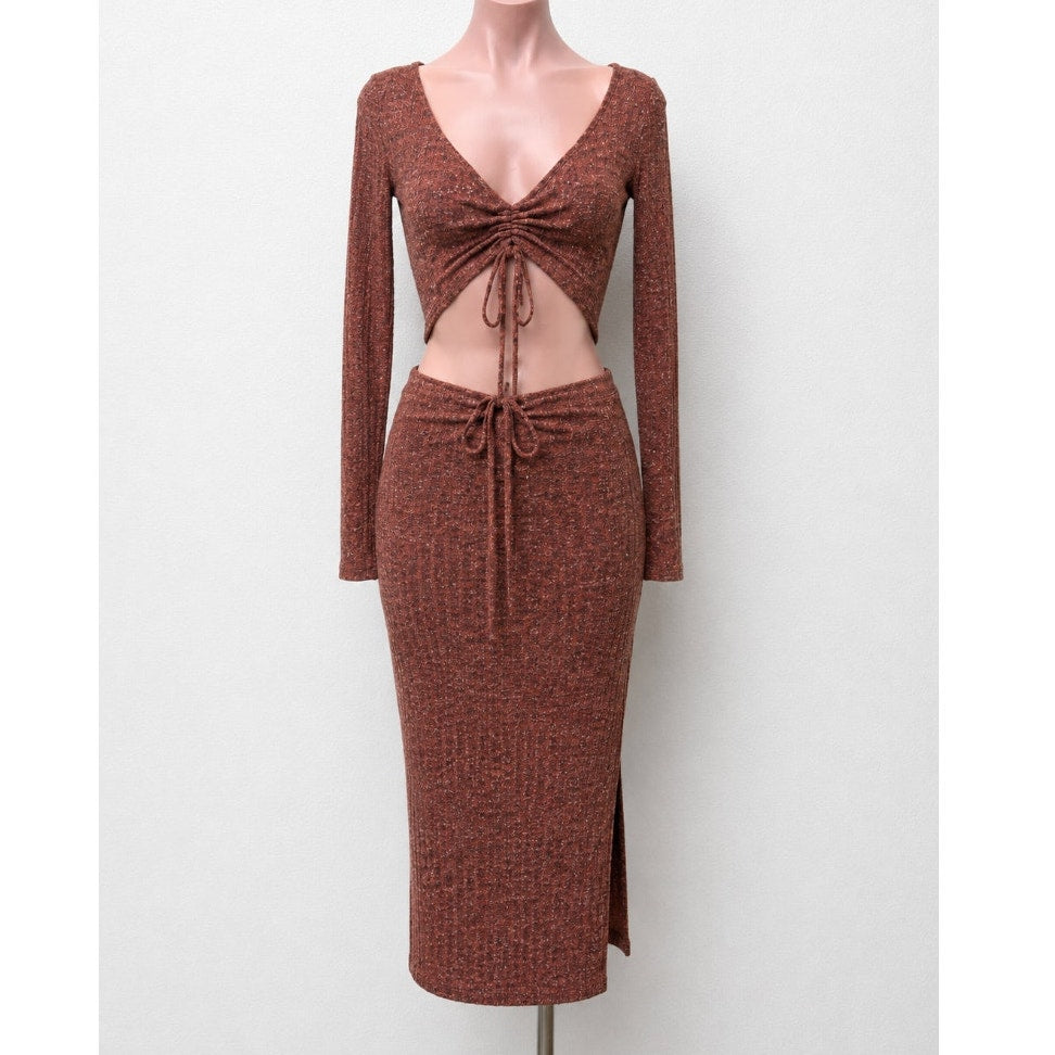 Beige Botany Rust Copper 2-Piece Ribbed Knit Skirt + Long Sleeve V Neck Top M