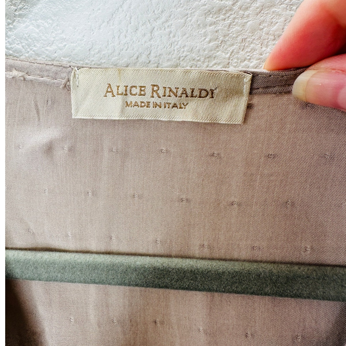 Alice Rinaldi Taupe Tonal Polka Dot Short Sleeve Faux Wrap Ruffle Dress M