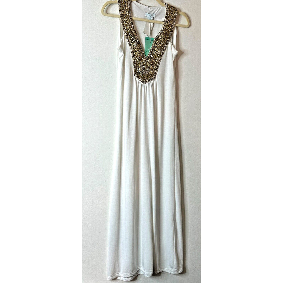 NWT Elizabeth Hurley Beach White Jemima Maxi Gold Embellished Bead Neckline Med