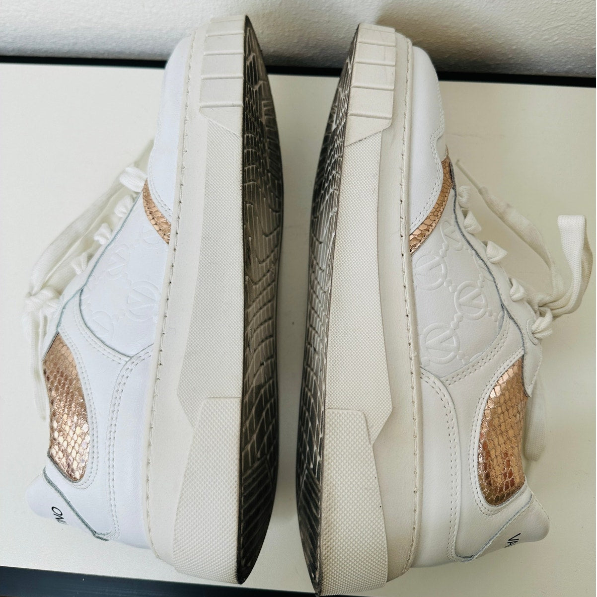 Valentino Minerva Monogram White & Rose Gold Leather Lace Sneaker 9
