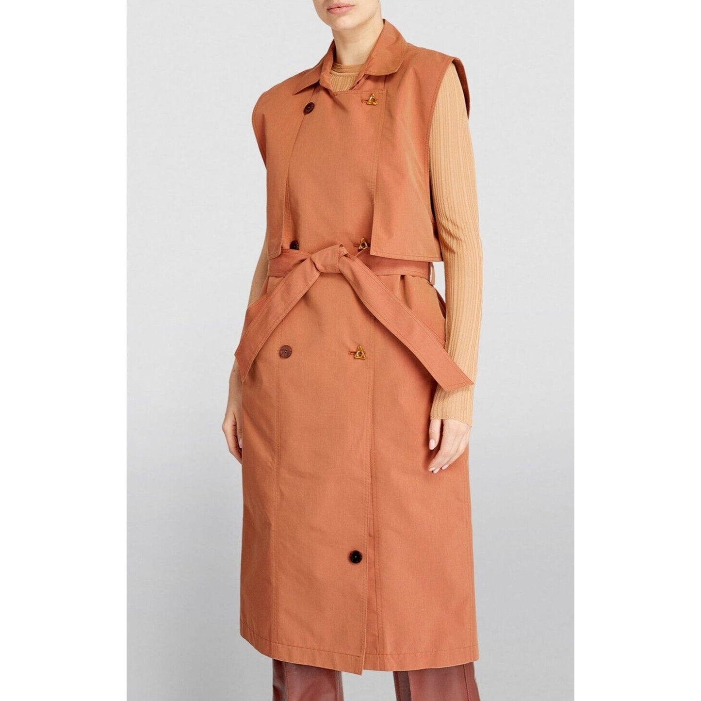 Aeron Delray Dusty Peach Iridescent Sleeveless Button Trench Coat Welt Pockets