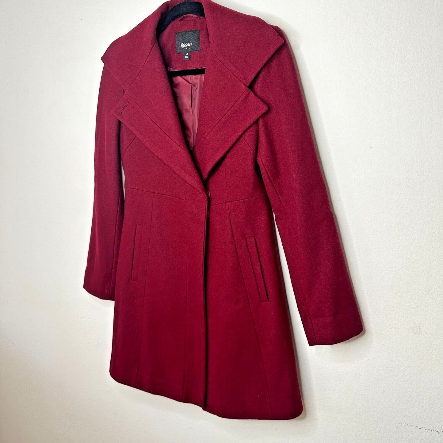 Mossimo Burgundy Red Wool Fitted Long Line Front two Button Coat Welt Pockets XS