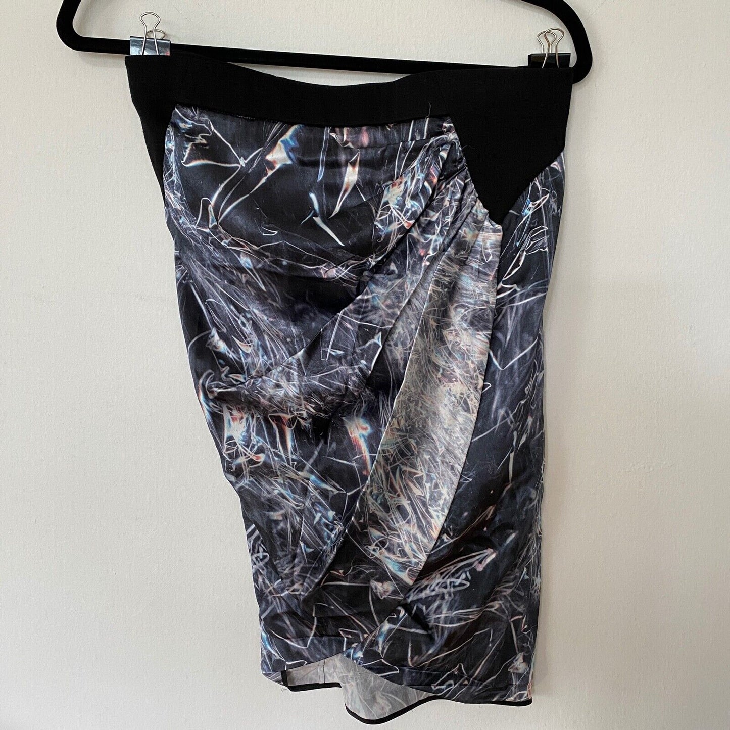 Helmut Lang SILK Cellophane Print Faux Tulip Hem Wrap Skirt Black Silver & Blue