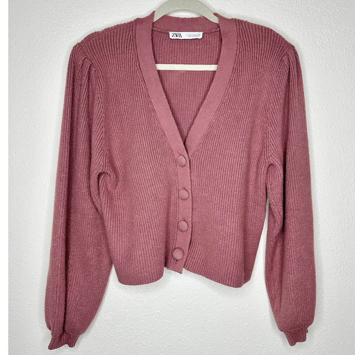 ZARA Mauve Balloon Sleeve V-Neck Cropped Button Chunky Knit Cardigan Sweater M