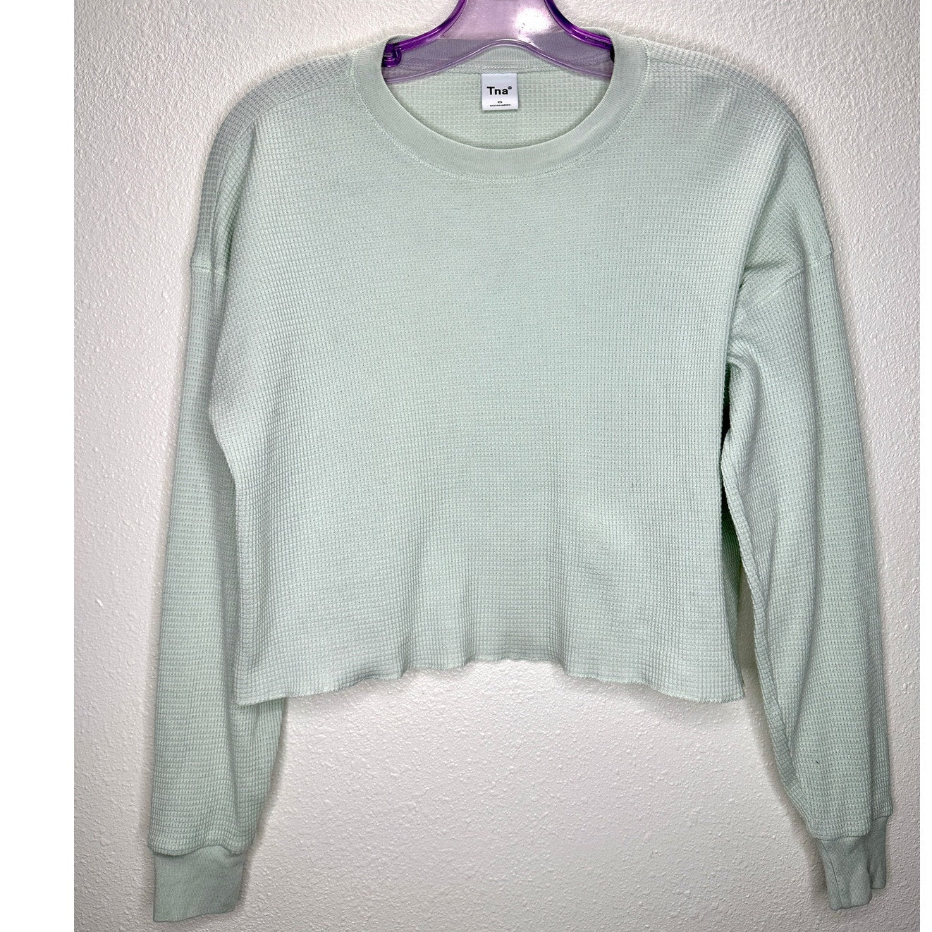Aritzia TNA Light Mint Green Waffle Knit Long Sleeve Crop Sweater S