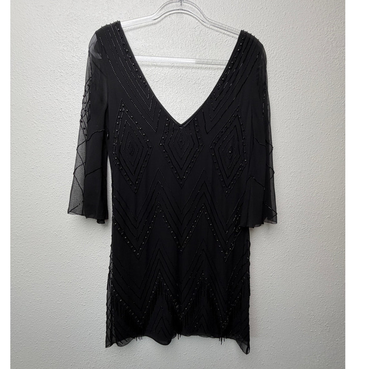 Alice + Olivia Black Beaded V Neck Mini Dress Women US 4