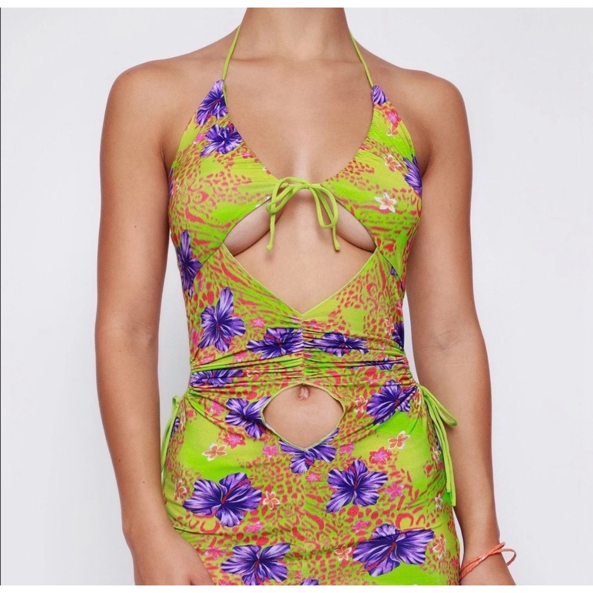 I AM GIA Green Floral Cutout Halter Keyhole Mini Dress Women’s S