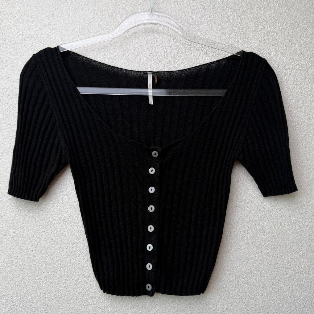 Free People Little Cutie Black Ribbed Cardigan US S