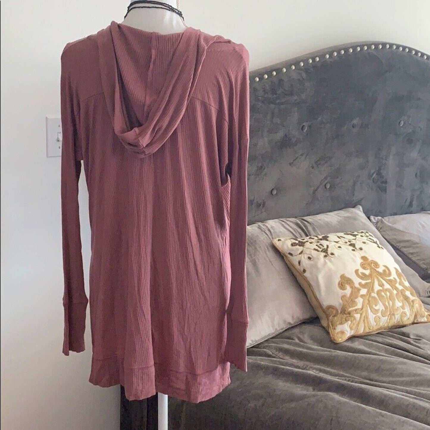 Mauve Pink Oversized Ribbed Knit Deep V long sleeve hoodie High Low Tee Top S