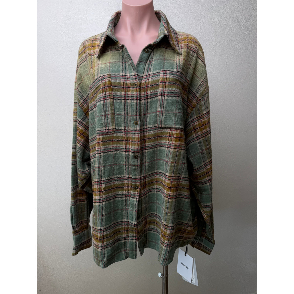 NWT Warden Edge Sage Plaid Oversized Shirt Women M