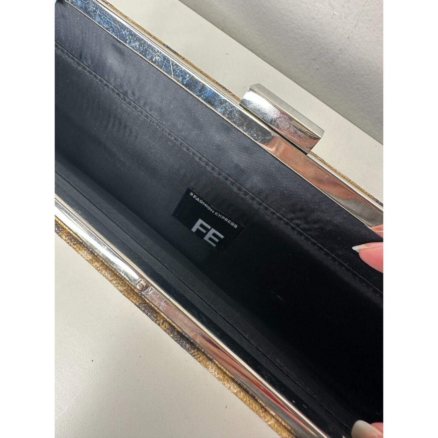 Vintage Fashion Express Leopard-Print Slim Clutch Silver Chain Strap Black Lined