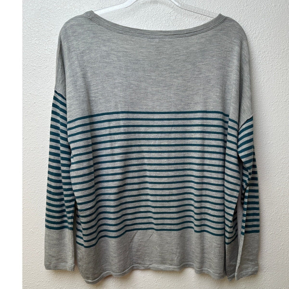 Joie Gray&Teal Striped Lightweight Sweater Top 3/4 Sleeve Boxy L