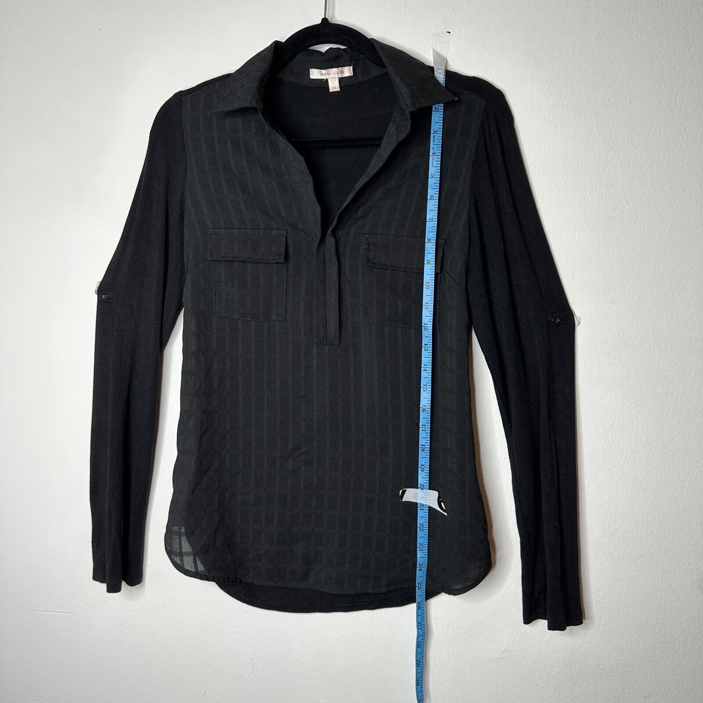 Skies Are Blue Black Stripe Stretch Front Pockets Long Sleeve Collar Blouse XS
