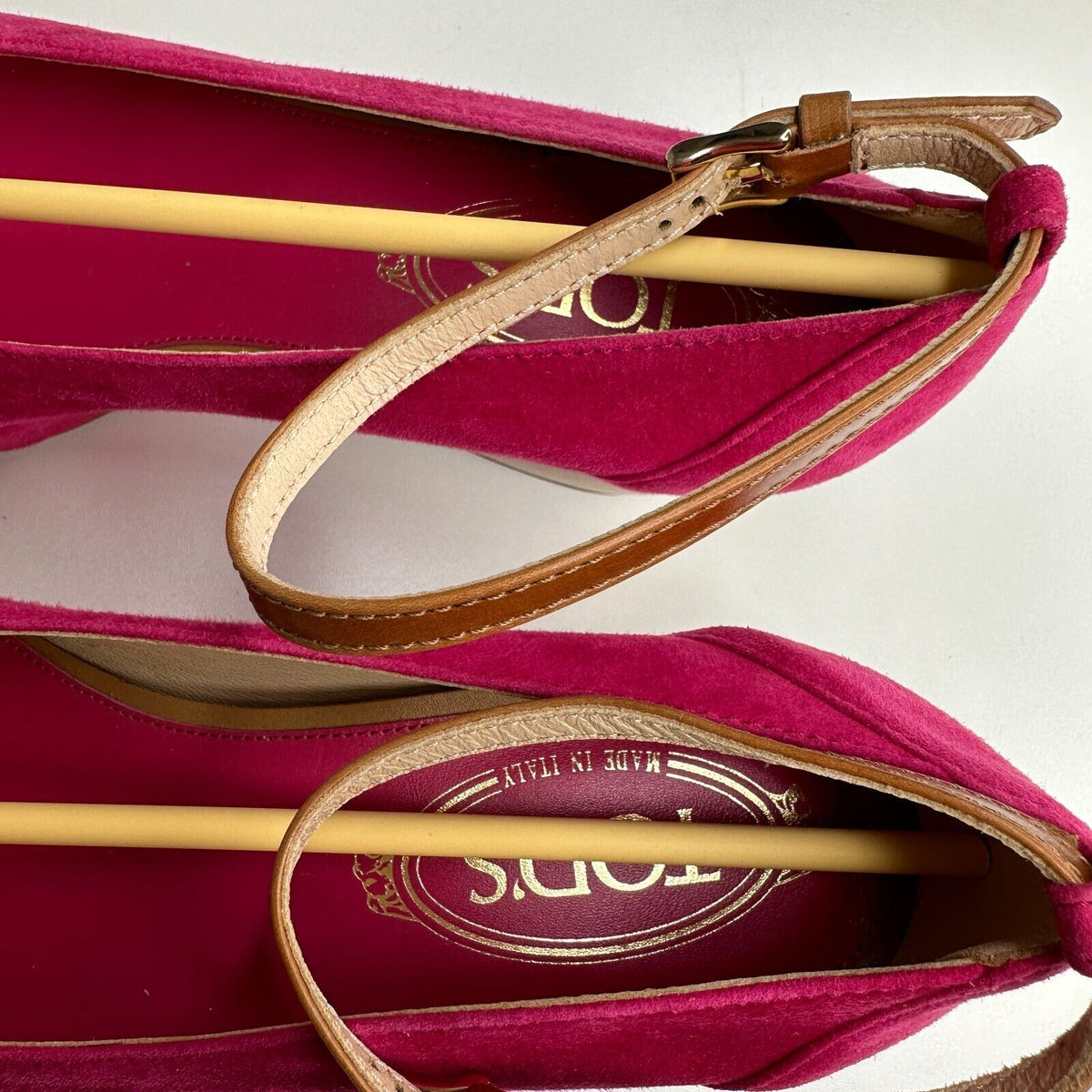 Tod's Deep Pink Suede Ankle Strap Ballerina Style Round Toe Wedge Shoes 38 / 8
