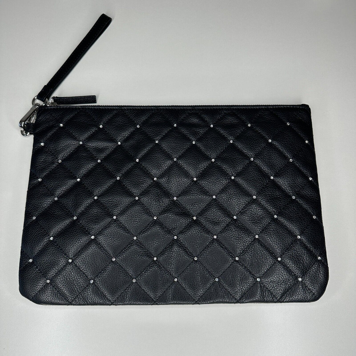 NIB Swarovski Black Quilted Leather & Crystals Zip Close Leather Strap Clutch