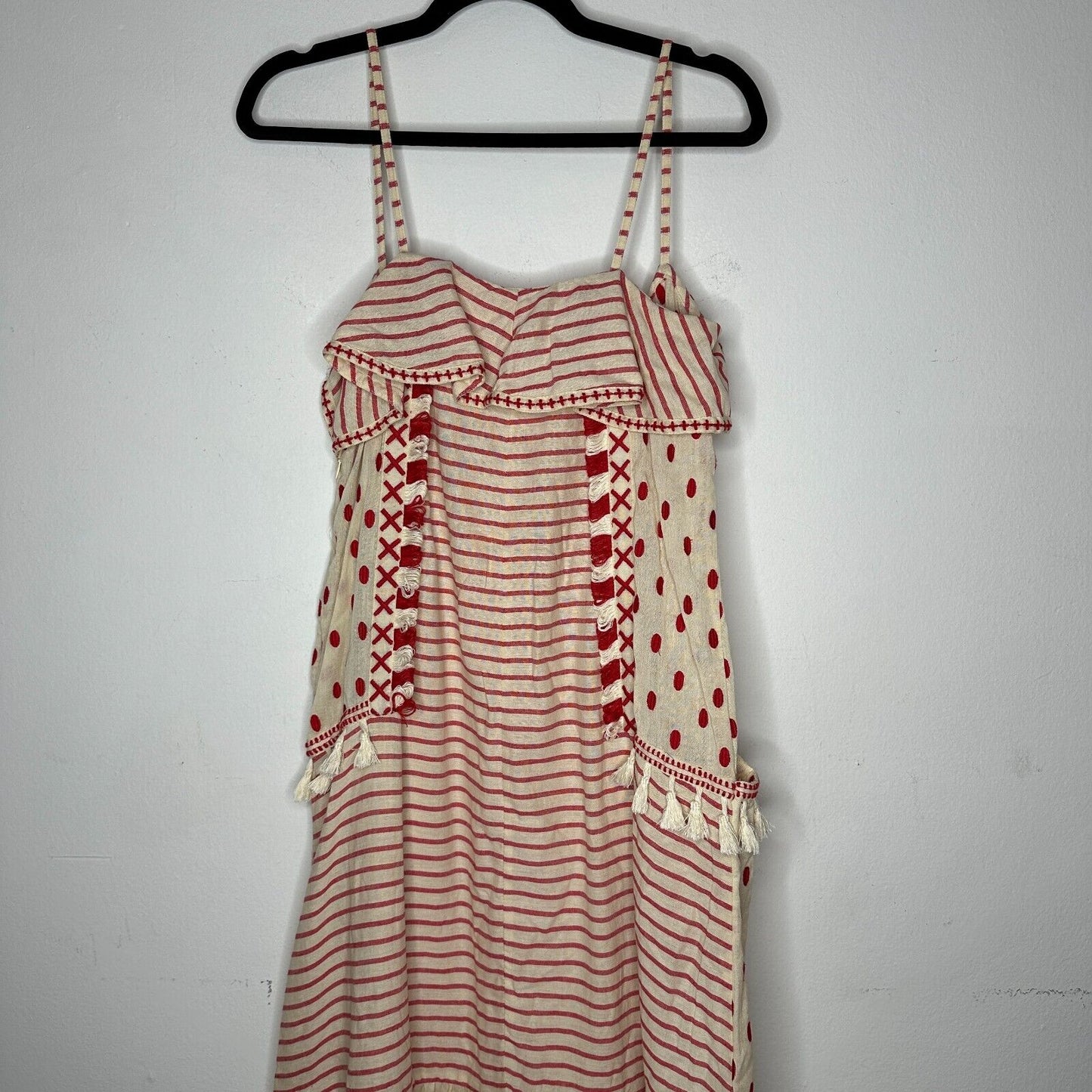 DODO BAR Tan & Red Stripe Polka Dot Ruffle Fringe Maxi Boho Resort Dress  S