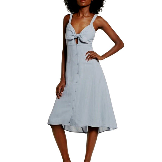 ASTR The Label Light Blue Denim Linen Tie Front Button Closure Midi Dress Medium