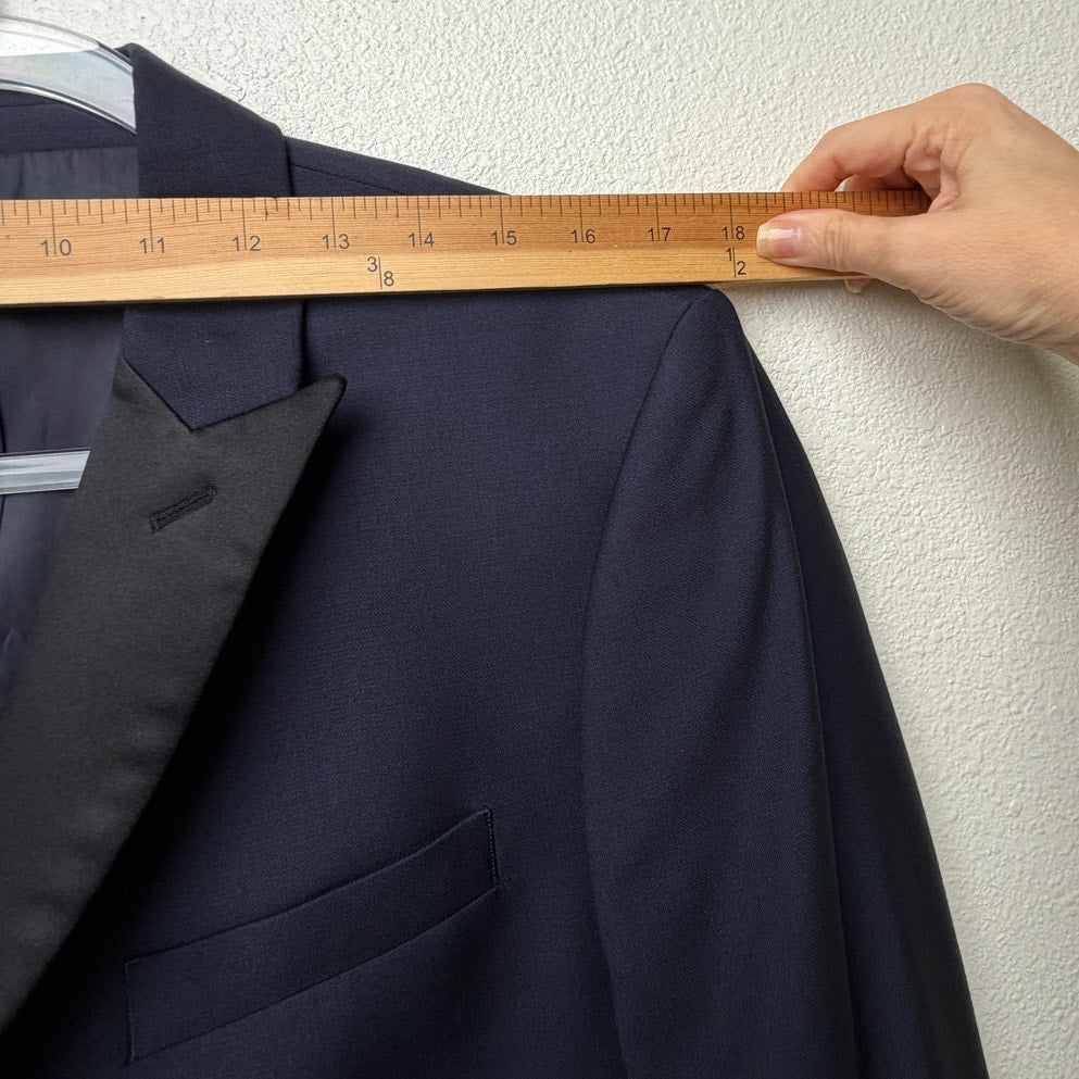 The Black Tux Navy Merino Wool Tuxedo Jacket Black Satin Peak Lapel Men's 40R