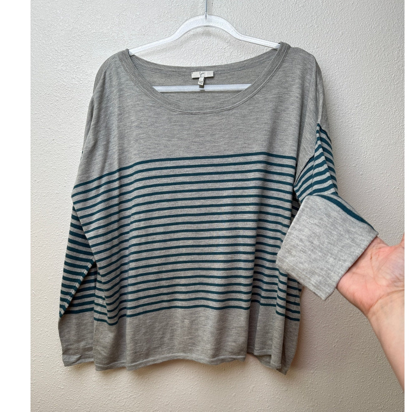 Joie Gray&Teal Striped Lightweight Sweater Top 3/4 Sleeve Boxy L