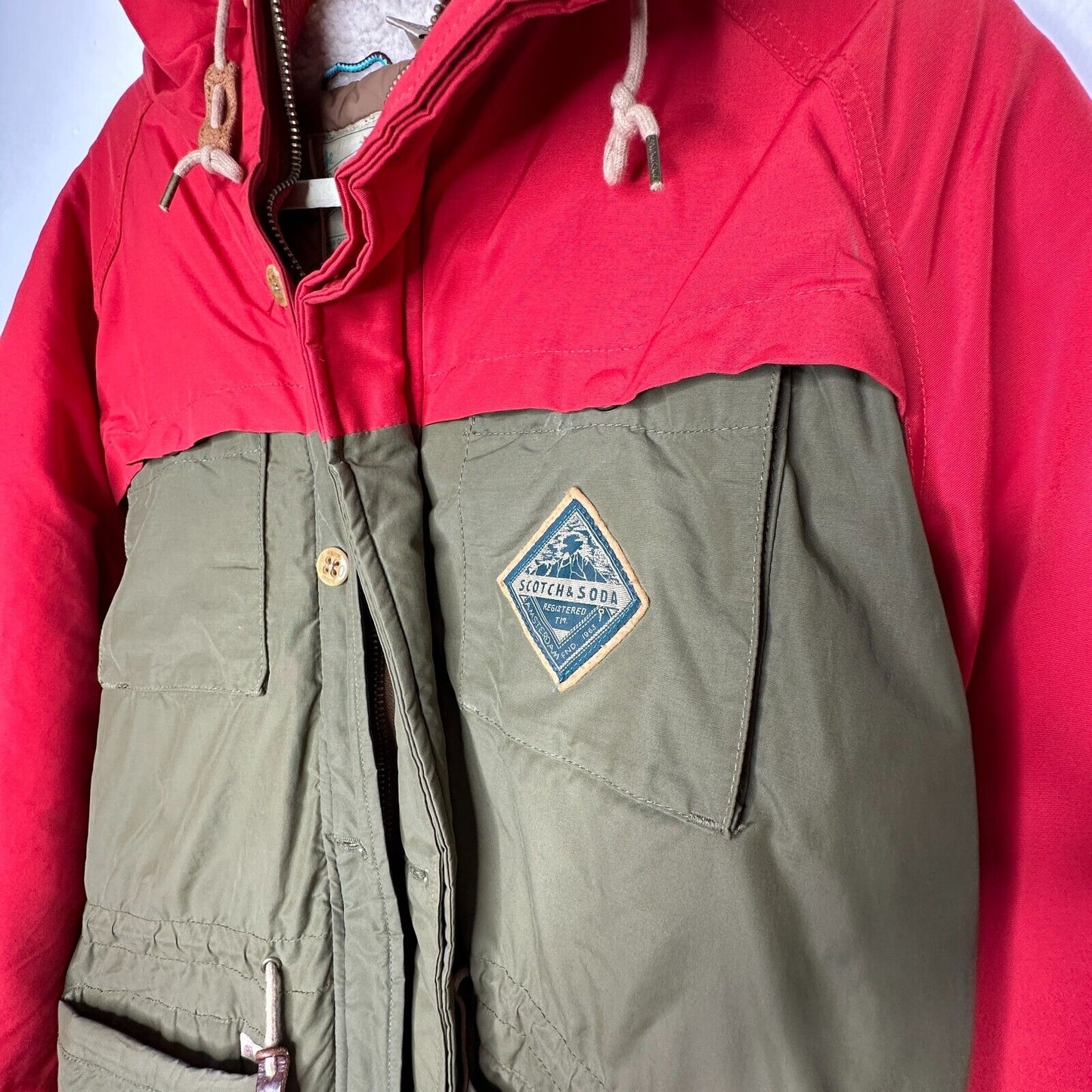 Scotch & Soda Olive Green & Red Front Zip Button Hooded Heavyweight Jacket M