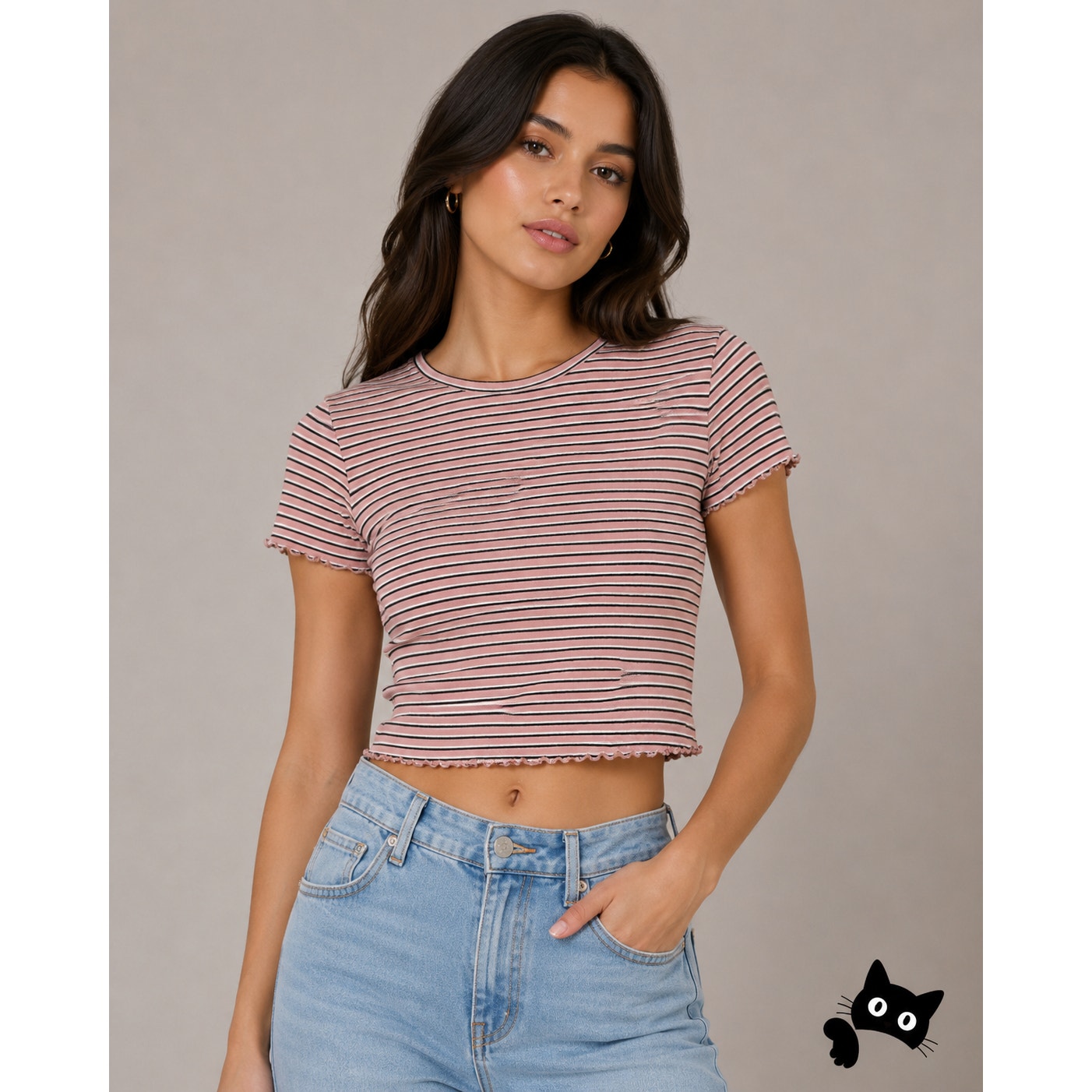 Blush Pink Black & White Stripe Round Neck Crop Top Lettuce Hem Top 1X