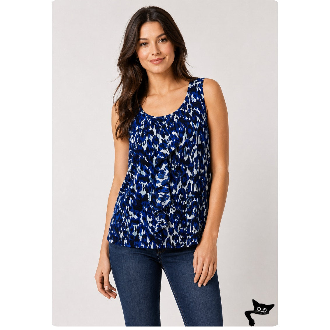 Halogen Flowy 100% Silk Blue White Abstract Sleeveless Scoop Neck Blouse Medium