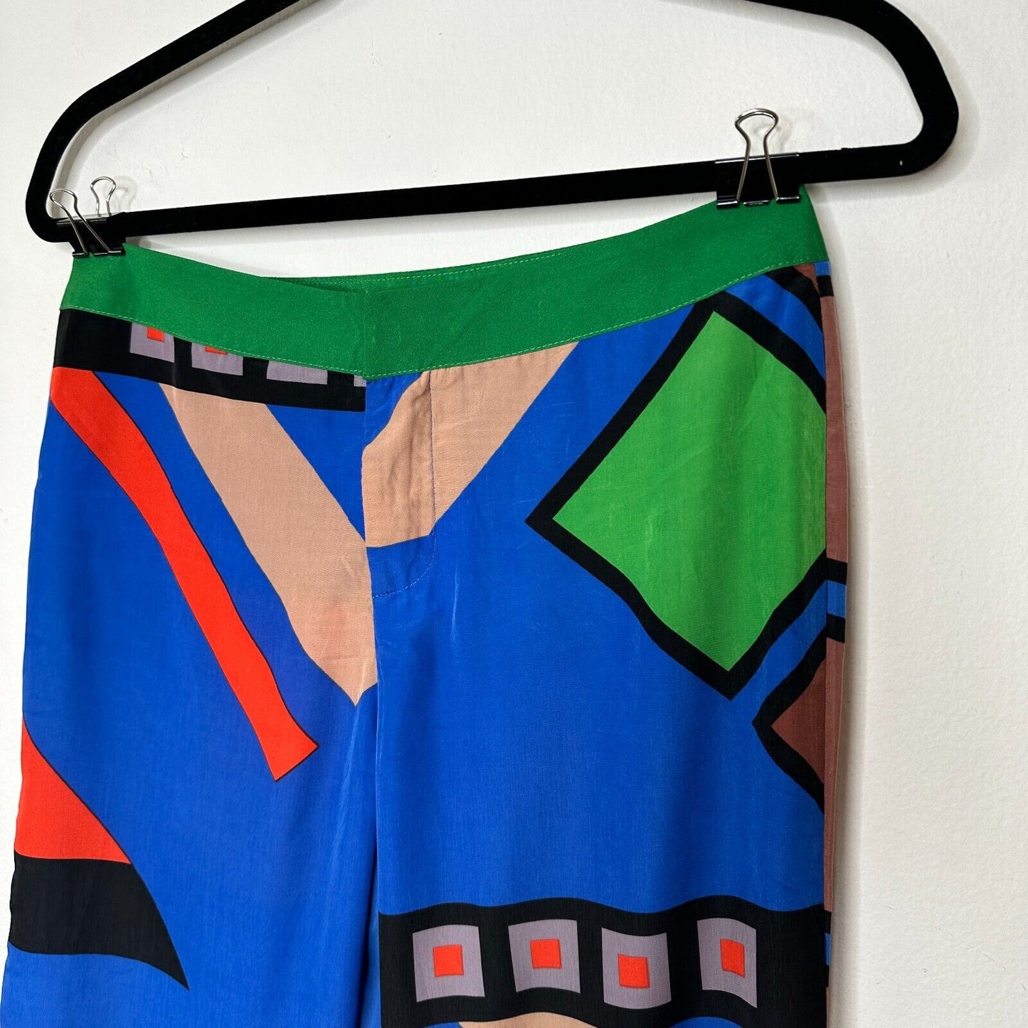 Jealous Tomato Bright Blue Green & Tan Abstract Design Palazzo Pants Front Zip M