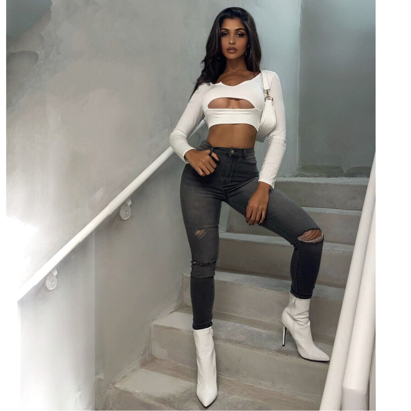 Fashion Nova Tinseltown Charcoal Gray Distressed Knees Raw Hem Skinny Jean 3