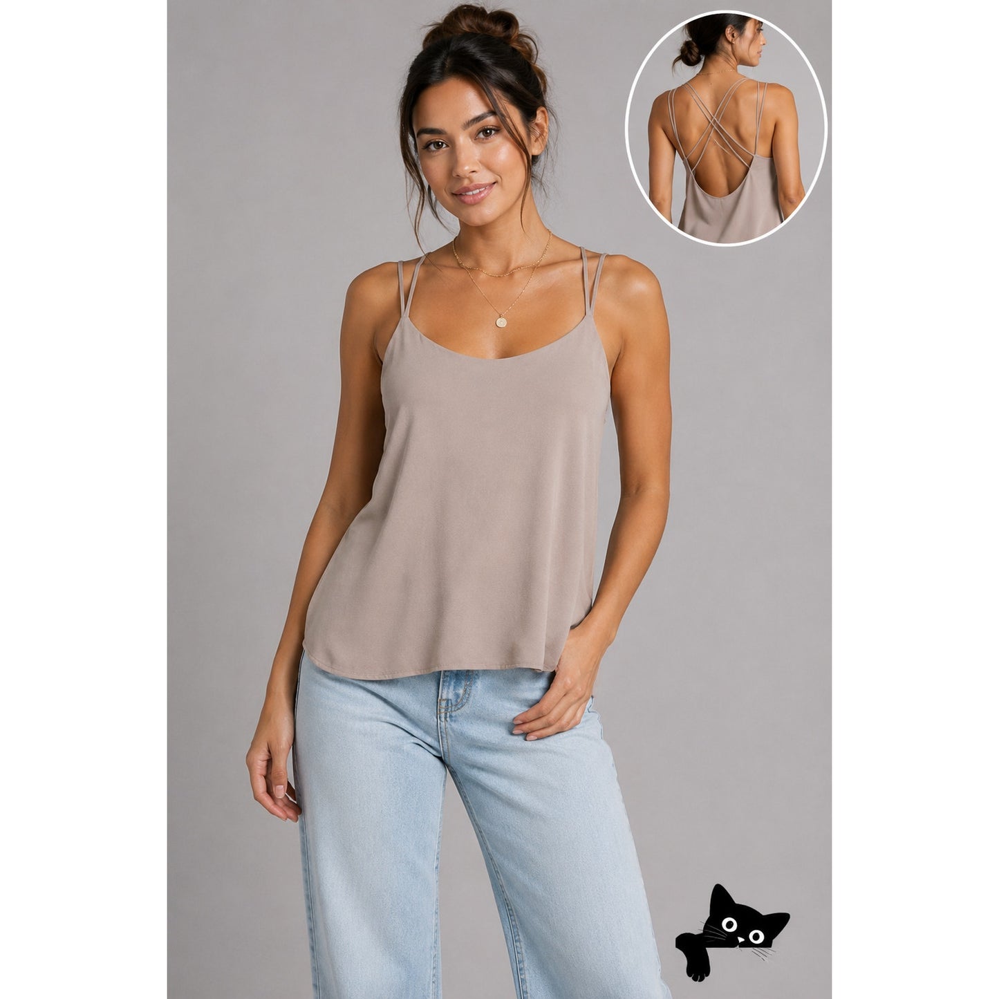Lisakai Taupe Strappy Flowy Low Back Tank Top Blouse S