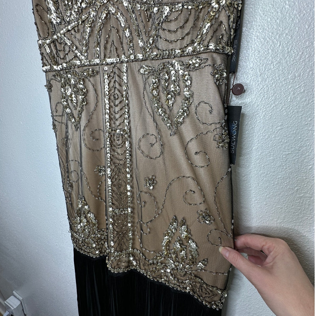 NWT Sue Wong Beaded Gold Mesh Top Black Fringe Bottom Evening Dress 8