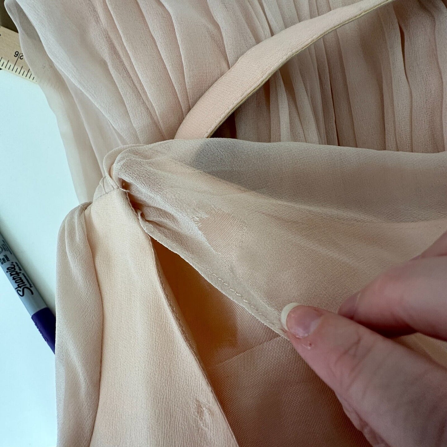 Vintage Size 15 Peach Chiffon Pleated Belted Sleeveless Dress Drape Neck BackZip