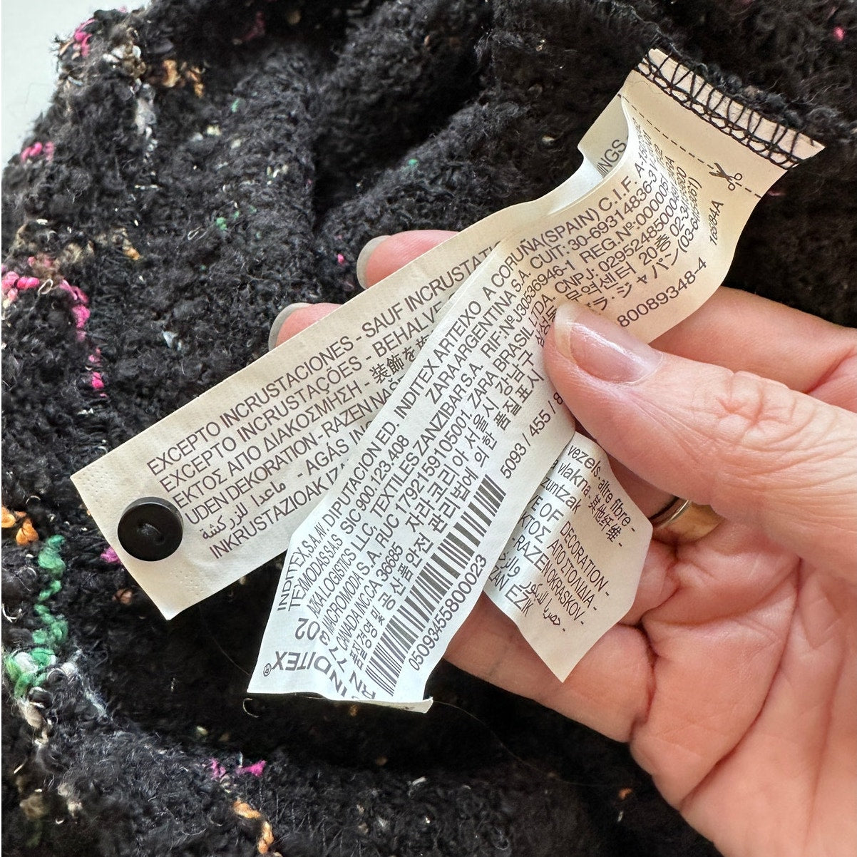 Zara Black Multicolor Boucle Knit Sweater with Pearl Detail on Sleeves Top S