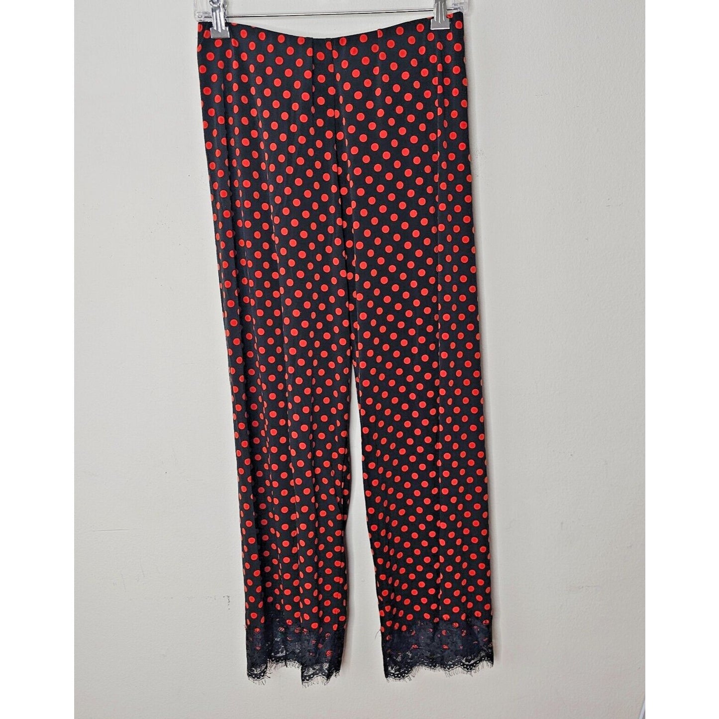 NWOT Zara Black & Red Polka Dot Black Lace Hem Wide Leg Pants Elastic Waist Med