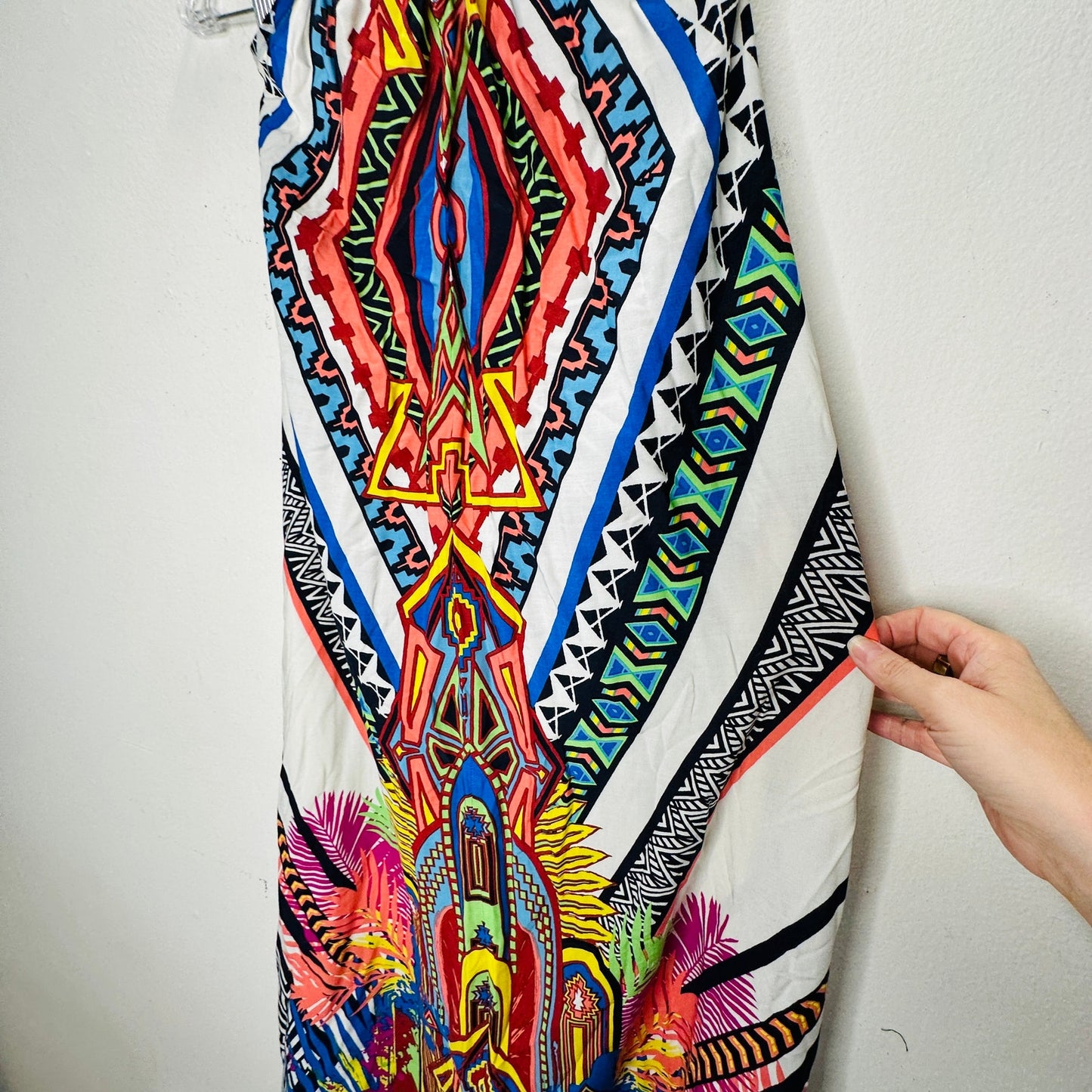 Sugarcloth White Blue Peach Multicolor Tribal Halter Maxi Dress