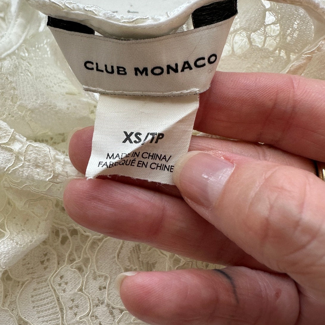 Club Monaco Ivory Floral Lace Round Neck Keyhole Back Long Sleeve Scalloped Hem Blouse XS