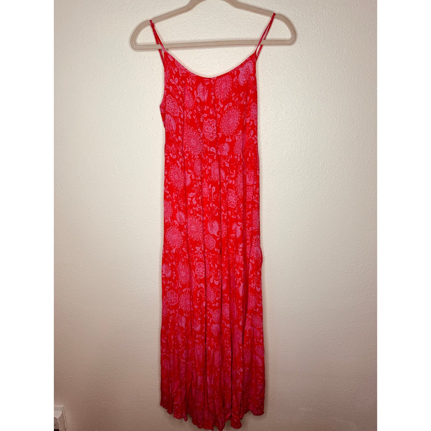 Lush Red & Pink Scoop Neck Open Tie Back Floral Print Boho Midi Sun dress S