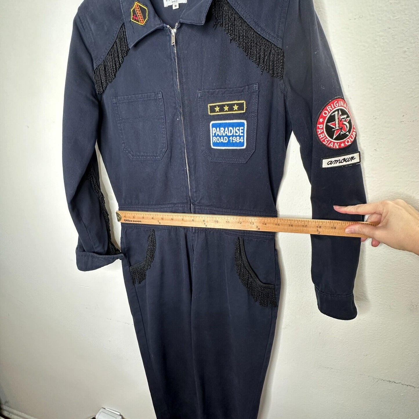Claudie Pierlot Blue Denim Tassled Long Sleeve Front-Zip Cuffed Hem Jumpsuit 36