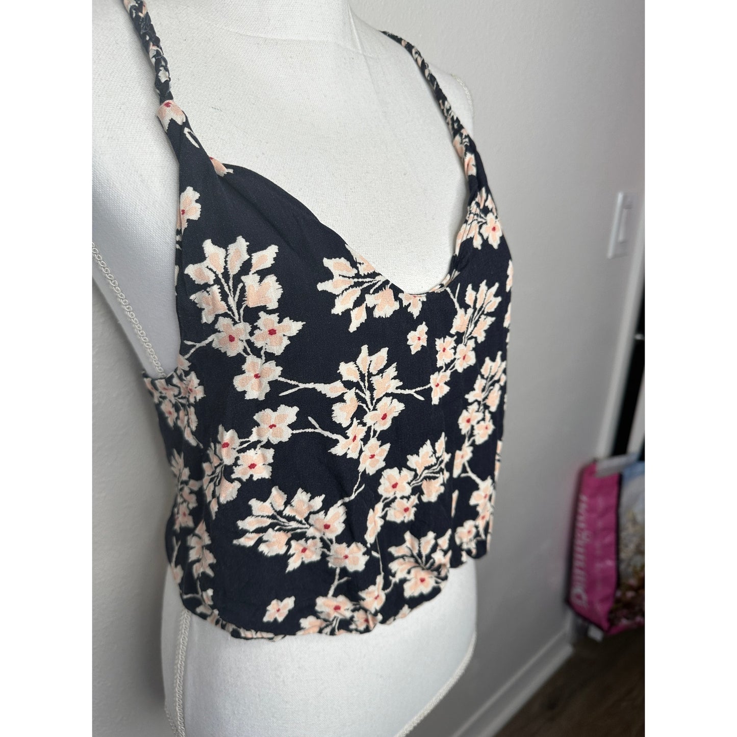 Boho Floral Braided Twist Back Tank Top XS Black Peach Cream Linen Summer Look