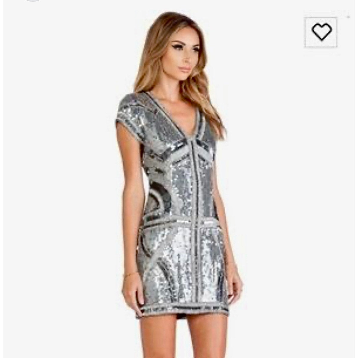 Parker Gray Silver & Rose Gold Sequin Aztec Print V-Neck Cap Sleeve Mini Dress S