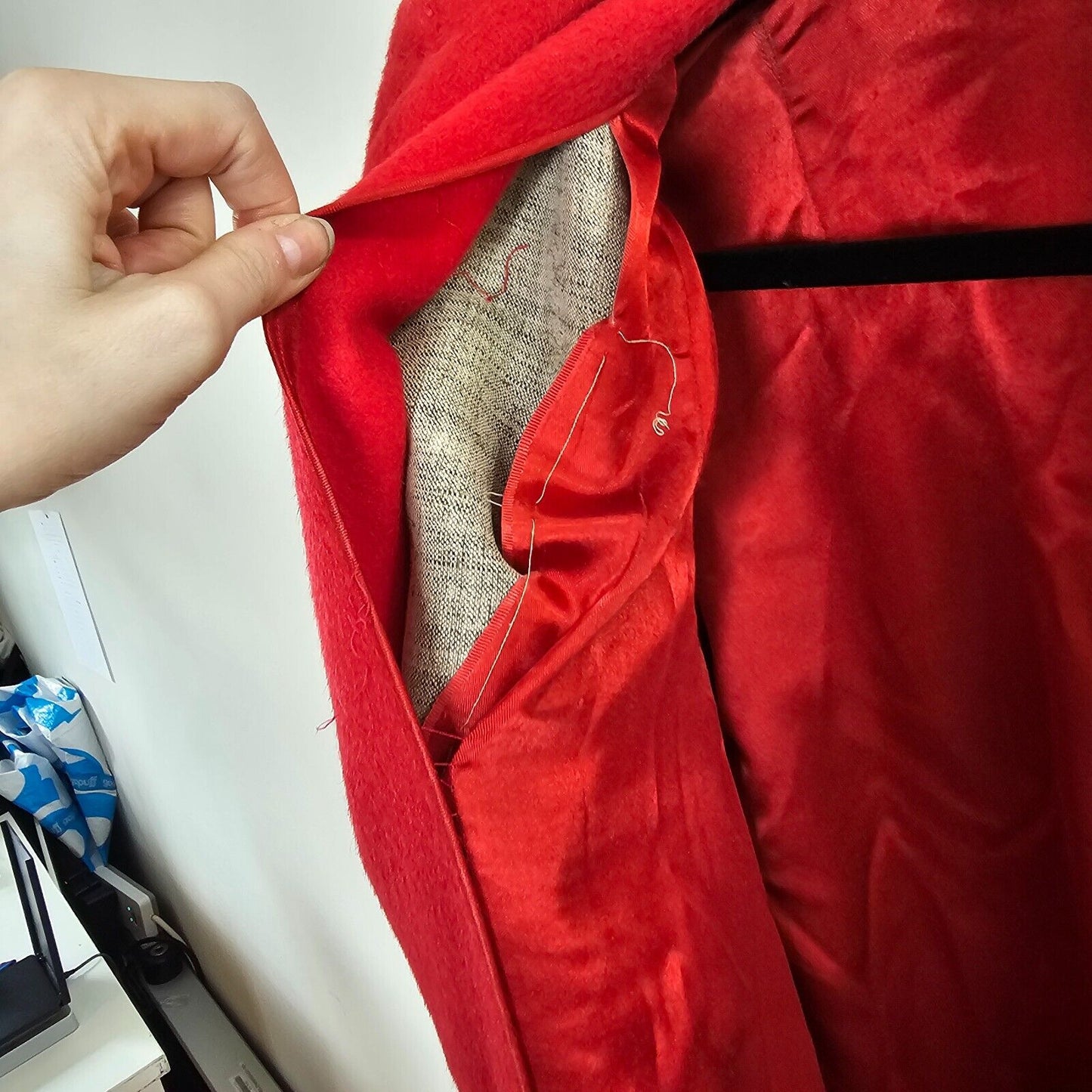 Red Oversized Felt Long Sleeve Single Button Heavy Long Line Jacket Large