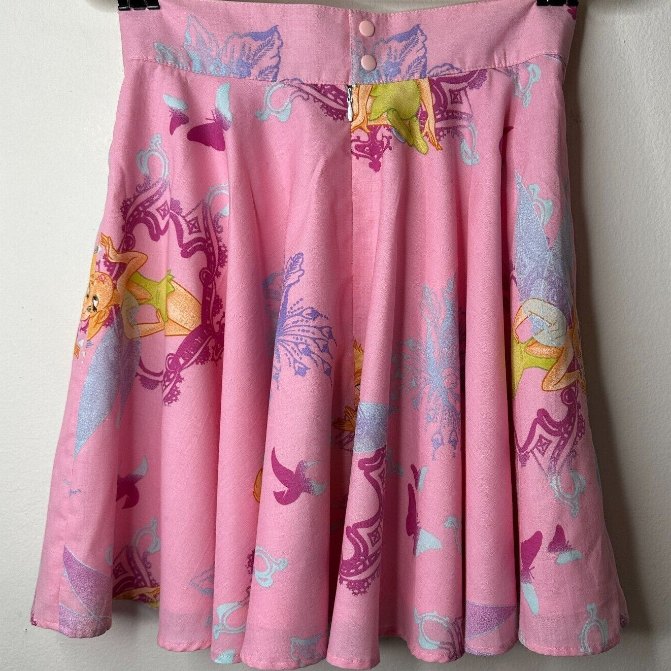 RARE Vintage Pink Tinker Bell Print Circle Skirt Lined Zip & Button Close S