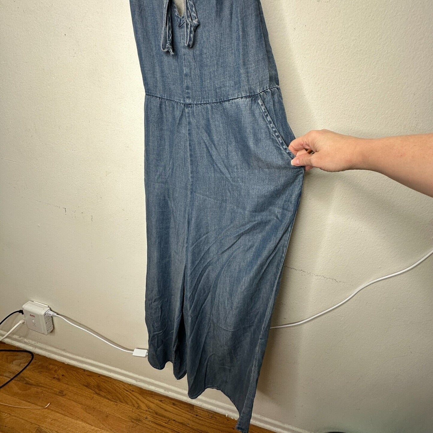 Lovestitch Medium Wash Blue Wide Leg Spaghetti Strap V-Neck Front Tie Jumpsuit S