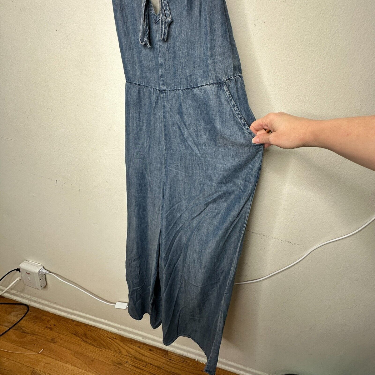 Lovestitch Medium Wash Blue Wide Leg Spaghetti Strap V-Neck Front Tie Jumpsuit S