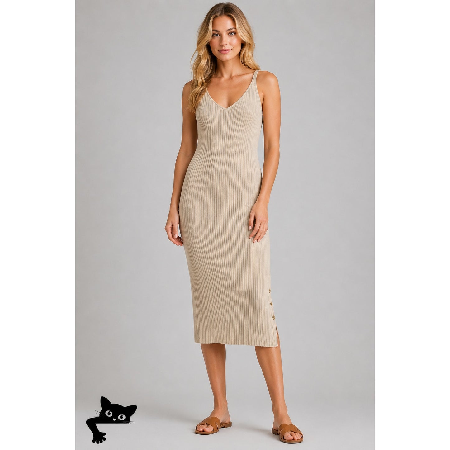 Aqua Tan Ribbed VNeck Sleeveless Side Button Midi Dress L